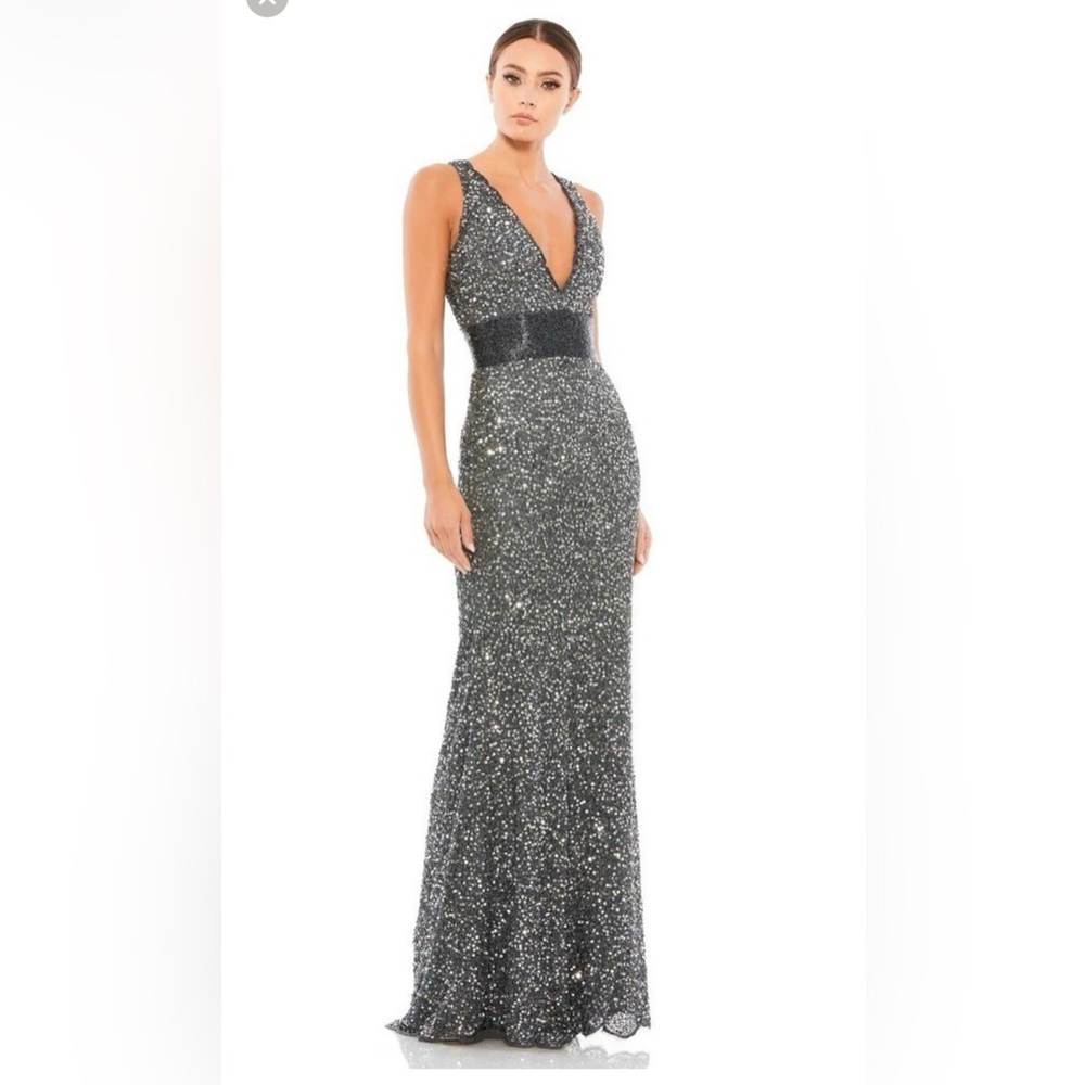 Mac Duggal Sequin V-Neck Evening Gown